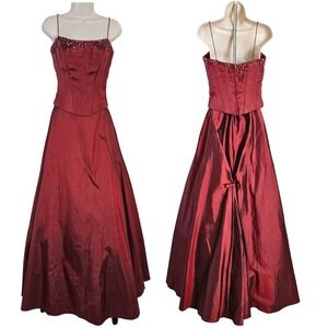 Pinky & Me Burgundy Beaded Corset Top Bustle Skirt Maxi Gown Dress 8 Whimsigoth